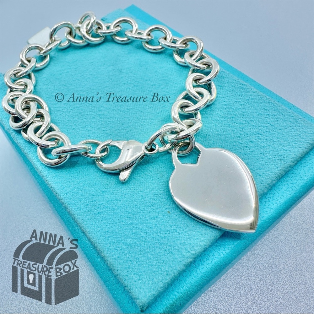 Tiffany & Co. 925 Silver Blank Heart Tag Charm 8.5" Bracelet (pouch)